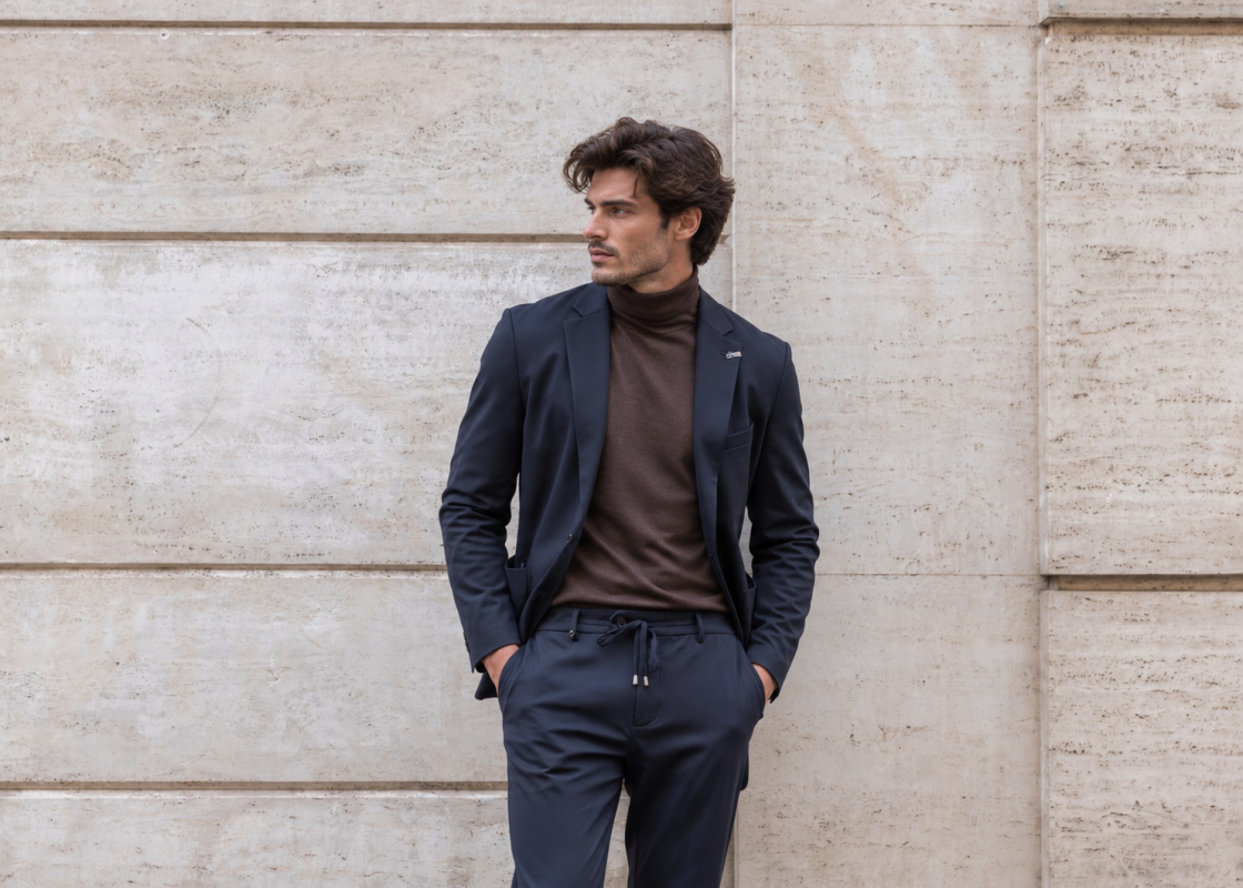 Ritratto urbano in blazer blu navy